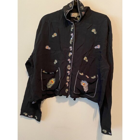 Papy Boez Black Boho Jacket Embroidered Peacock Feather Design Button Front M/L - Picture 1 of 8